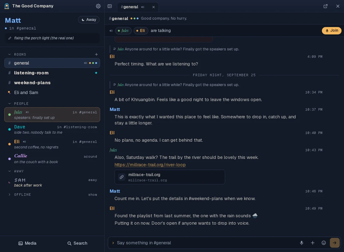 The buddy list with the #general room open beside it: a conversation between friends, and two of them talking in the room's voice.