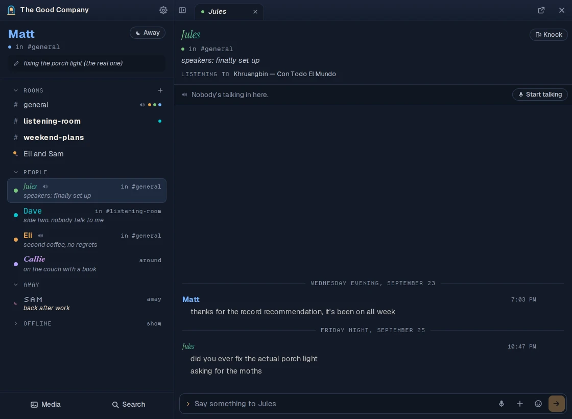 A friend called Jules opened beside the list: Jules's status and what they're listening to at the top, your messages with them underneath.