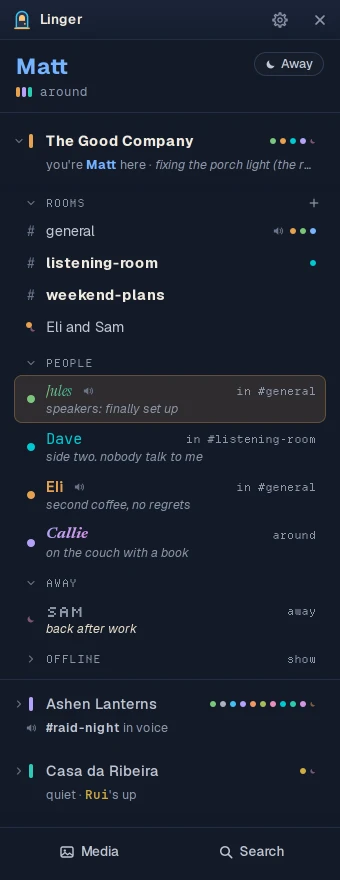 One buddy list holding three servers, each a section you can fold away.